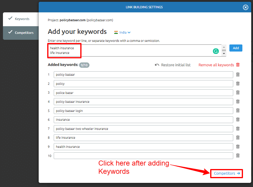 Link Building Tool Add Keywords